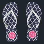 Navy and Pink Moroccan Quatrefoil Monogram Jandals<br><div class="desc">Custom printed flip flop sandals with a stylish Moroccan quatrefoil pattern and your custom monogram or other text in a circle frame. Click Customise It to change text fonts and colours or add your own images to create a unique one of a kind design!</div>