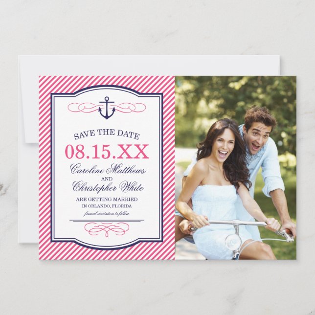 Navy and Pink Nautical Anchor Photo Save the Date (Front)