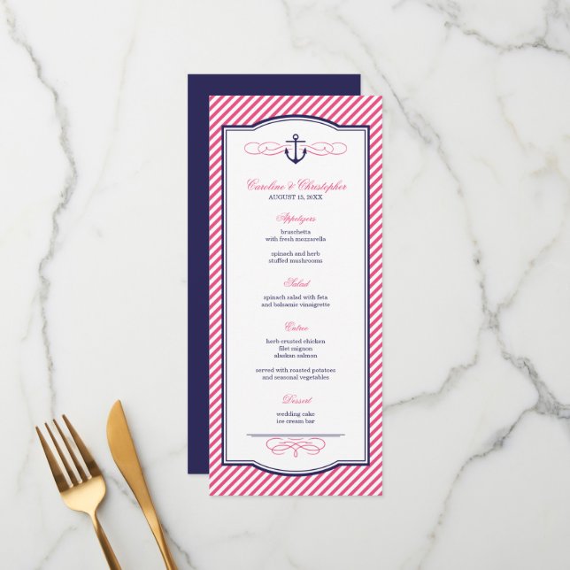 Navy and Pink Nautical Anchor Wedding Menu Card (Front/Back In Situ)
