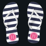 Navy and Pink Preppy Stripes Monogram Jandals<br><div class="desc">Custom printed flip flop sandals with a preppy nautical stripe pattern and your custom monogram or other text in a circle frame. Click Customise It to change text fonts and colours or add your own images to create a unique one of a kind design!</div>