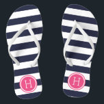 Navy and Pink Preppy Stripes Monogram Jandals<br><div class="desc">Custom printed flip flop sandals with a preppy nautical stripe pattern and your custom monogram or other text in a circle frame. Click Customise It to change text fonts and colours or add your own images to create a unique one of a kind design!</div>
