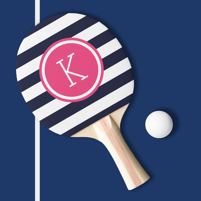 Navy and Pink Preppy Stripes Monogram Ping Pong Paddle (Creator Uploaded)