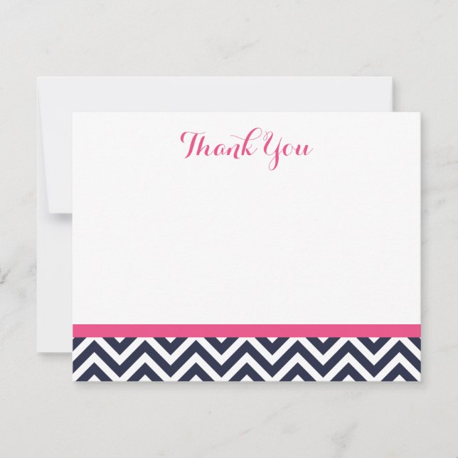 Navy and Pink Simple Chevron Thank You Note Cards (Front)