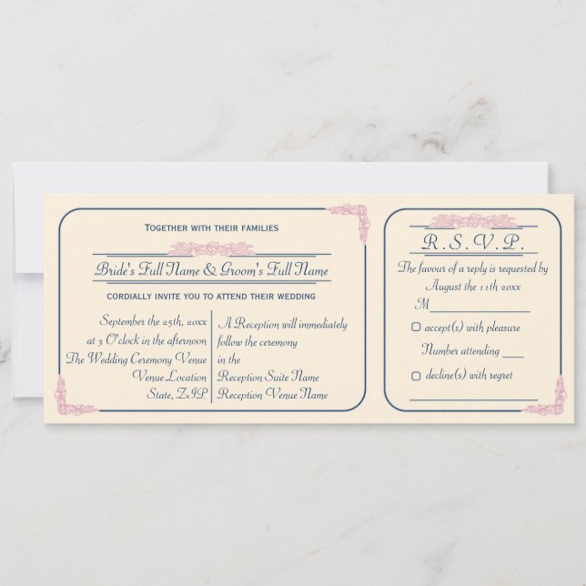 Navy and Pink Ticket Wedding Invitation with RSVP (Front)