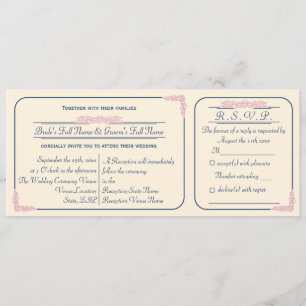 Navy and Pink Ticket Wedding Invitation with RSVP