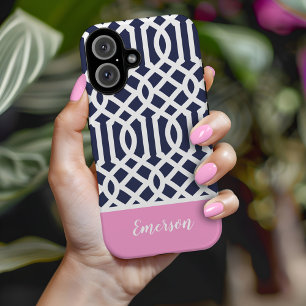 Navy and Pink Trellis Monogram Case-Mate iPhone 14 Case