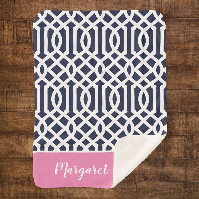 Navy and Pink Trellis Monogram | Editable Colours Sherpa Blanket (Creator Uploaded)