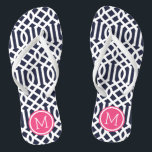 Navy and Pink Trellis Monogram Jandals<br><div class="desc">Custom printed flip flop sandals with a stylish modern trellis pattern and your custom monogram or other text in a circle frame. Click Customise It to change text fonts and colours or add your own images to create a unique one of a kind design!</div>