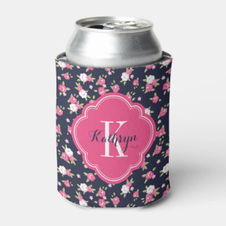 Navy and Pink Vintage Floral Monogram Can Cooler