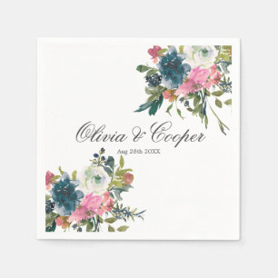 Navy and Pink Watercolor Floral Wedding Napkin