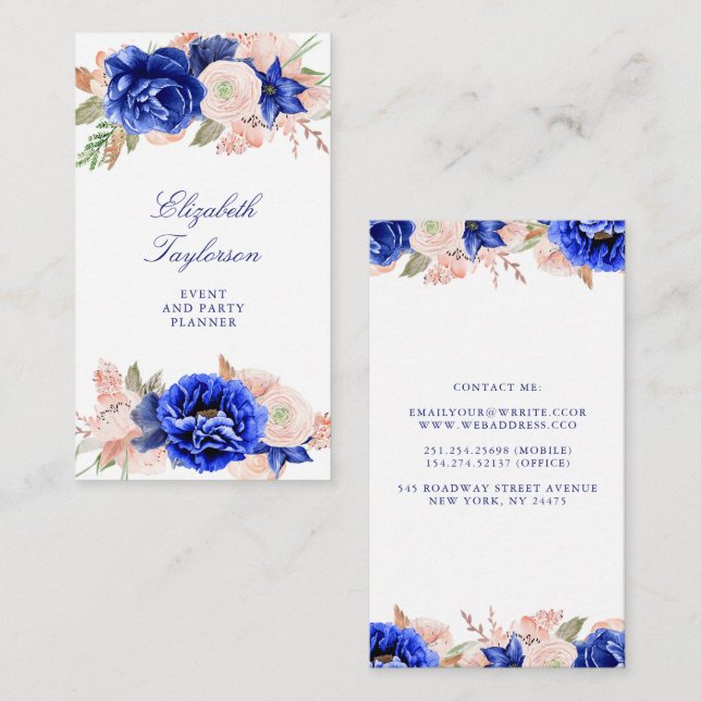 Navy and Pink Watercolor Flowers Elegant Modern Business Card (Front/Back)