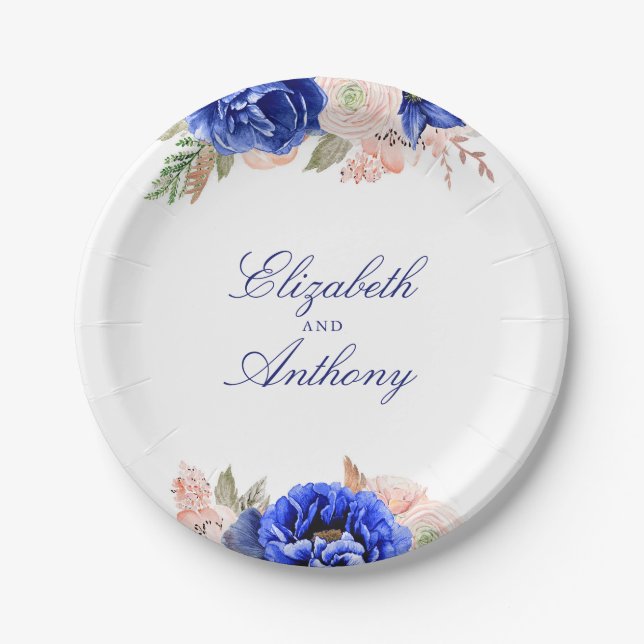 Navy and Pink Watercolor Flowers Elegant Paper Plate (Front)