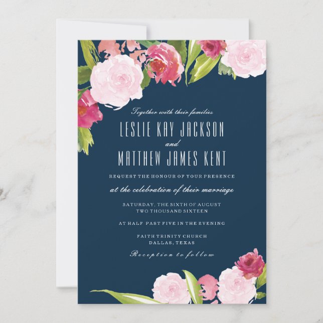 NAVY AND PINK WEDDING INVITATION WITH FLOWERS (Front)