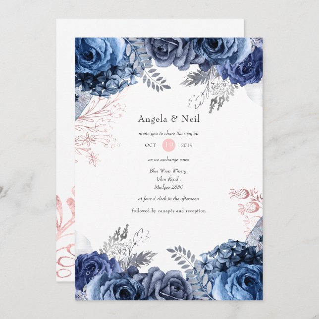Navy and Pink with Silver Foil Floral Wedding Invitation (Front/Back)