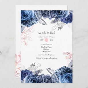 Navy and Pink with Silver Foil Floral Wedding Invitation