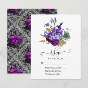 Navy and Purple Vintage Peacock Floral Quinceañera RSVP Card