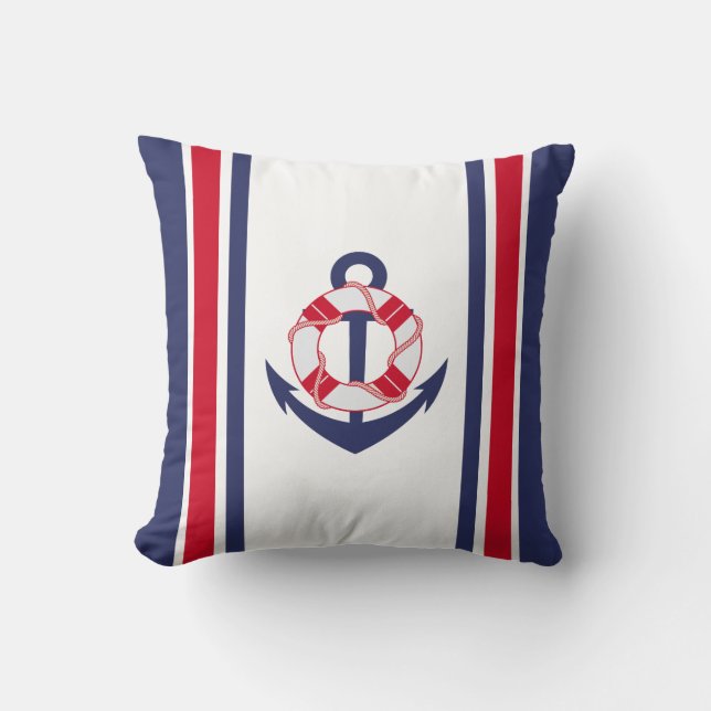 Navy and Red Anchor Nautical Cushion (Front)