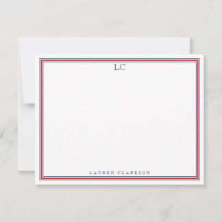 Navy and Red Border Monogram Stationery Note Card