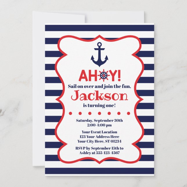 Navy and Red Boy Nautical Birthday Invitation (Front)