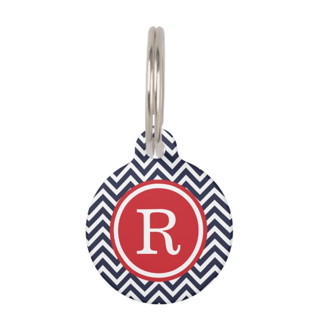 Navy and Red Chevron Monogram Pet Tag (Front)