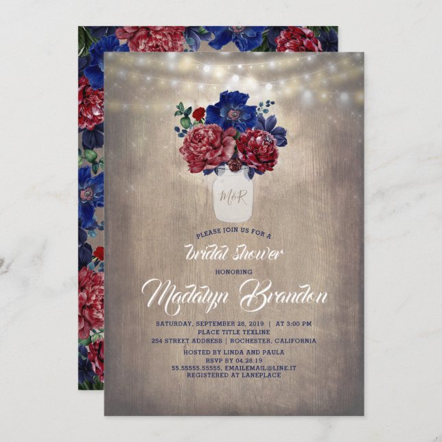 Navy and Red Floral Mason Jar Rustic Bridal Shower Invitation (Front/Back)