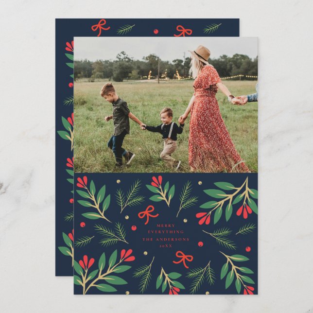 Navy and Red Holiday Boughs Holiday Photo Card (Front/Back)