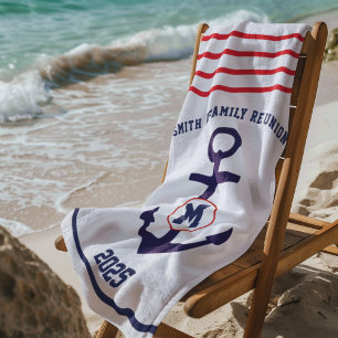 Navy and Red Nautical Family Reunion  Beach Towel