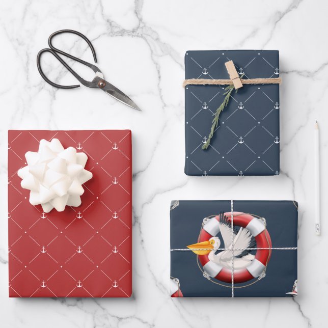 Navy and Red Nautical Patterns Wrapping Paper Sheet (Front)