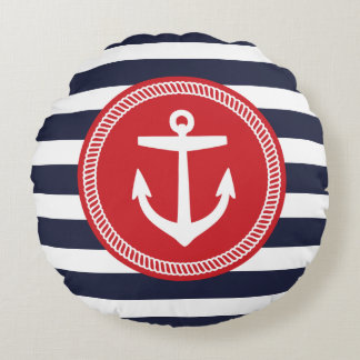Navy and Red Nautical Stripes and Anchor Round Cushion