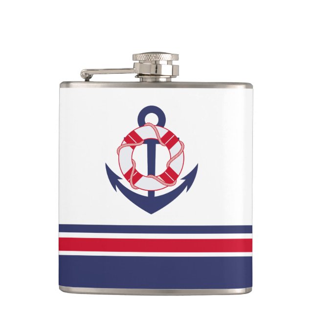 Navy and Red Nautical Stripes Hip Flask (Front)