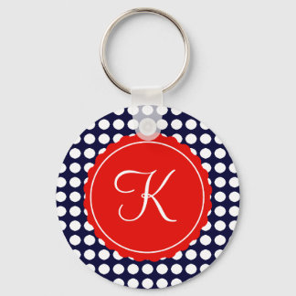 Navy and Red Polka Dots Custom Initial Key Ring