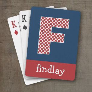 Navy and Red Polka Dots with Monogram Letter F Playing Cards