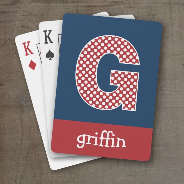 Navy and Red Polka Dots with Monogram Letter G Playing Cards (Personalized Playing Cards - Huge Monogram)