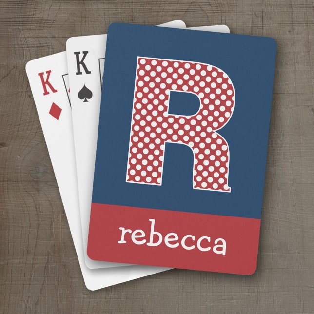 Navy and Red Polka Dots with Monogram Letter R Playing Cards (Personalized Playing Cards - Huge Monogram)