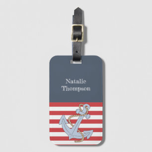 Navy and red stripes Modern Anchor Nautical Luggage Tag