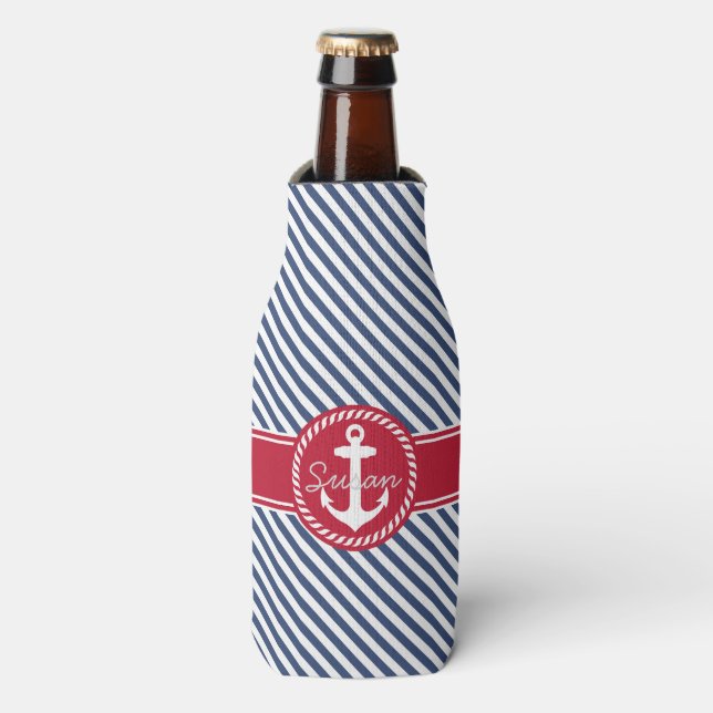 Navy and Red Stripes Nautical Anchor Monogram Bottle Cooler (Bottle Front)
