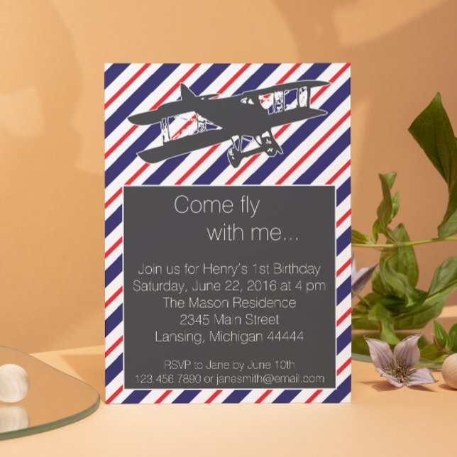 Navy and Red Vintage Aeroplane Birthday Invite (Creator Uploaded)