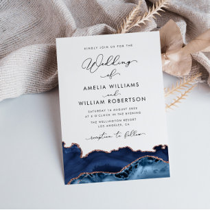 navy and rose gold agate wedding invitation