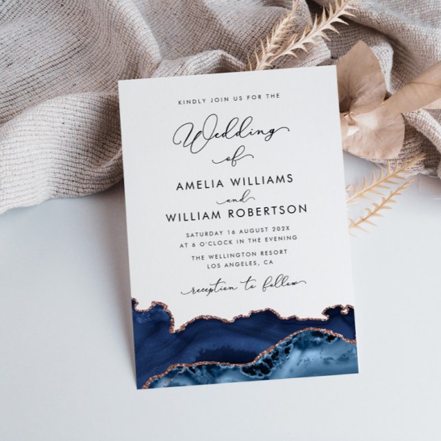 navy and rose gold agate wedding invitation (Creator Uploaded)