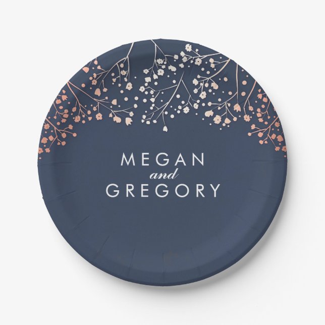 Navy and Rose Gold Baby's Breath Wedding Paper Plate (Front)