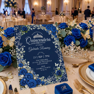 Navy and Royal Blue Quinceañera Silver Butterfly Invitation