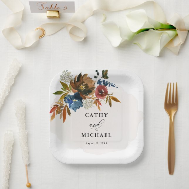 Navy and Rust Boho Floral Customised Dessert Paper Plate (Wedding)