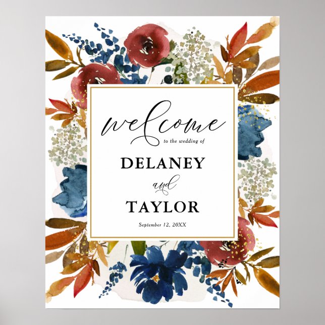 Navy and Rust Boho Watercolor Flowers Welcome Poster (Front)