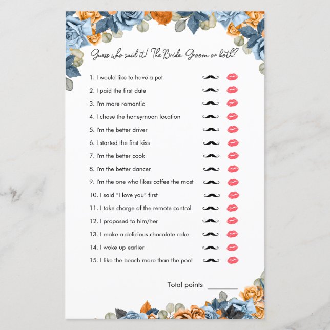 Navy And Rust Funny Bridal Shower Guess Who Game (Front)