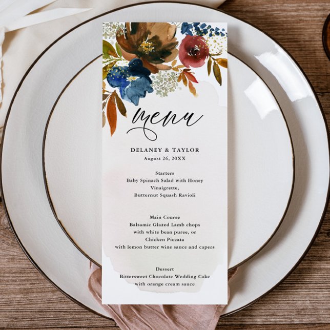 Navy and Rust Watercolor Boho Floral Menu (Creator Uploaded)
