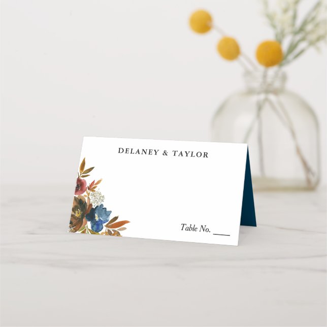 Navy and Rust Watercolor Floral Wedding Place Card (Front)