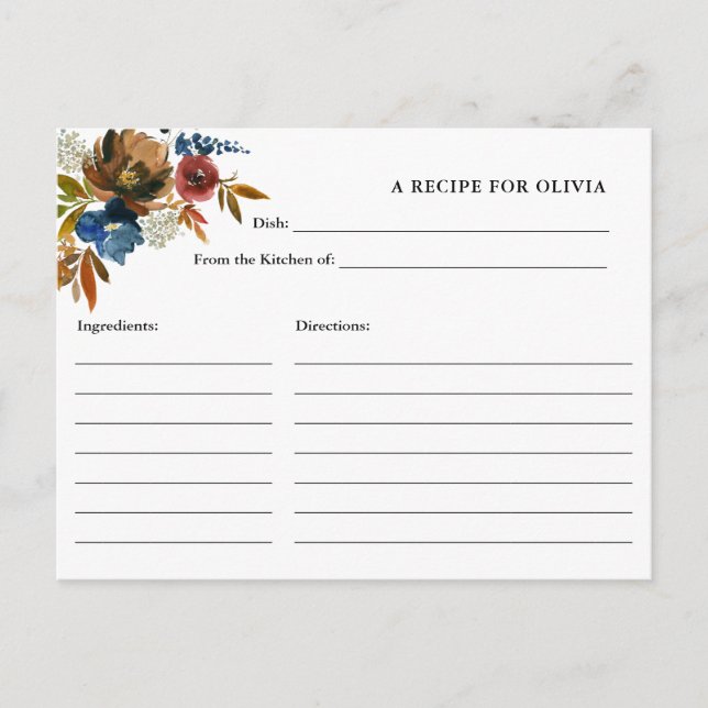 Navy and Rust Watercolor Flowers White Recipe Card (Front)