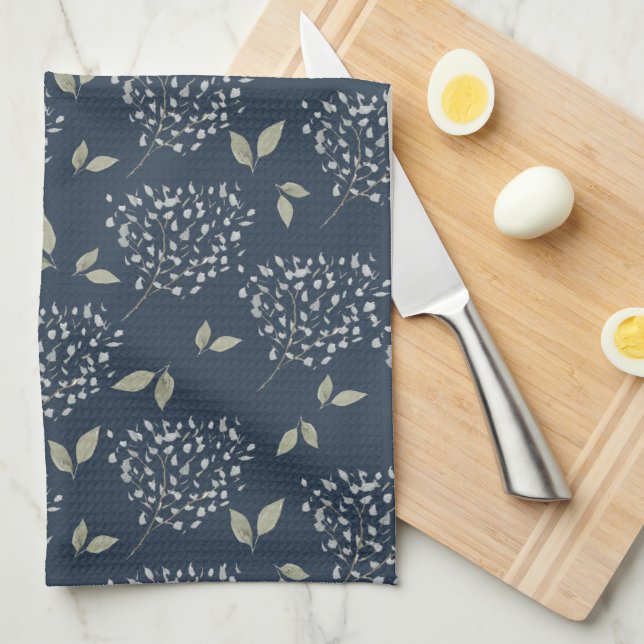 Navy and Sage Floral Tea Towel (Quarter Fold)