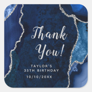 Navy and Silver Agate Birthday Thank You Square Sticker