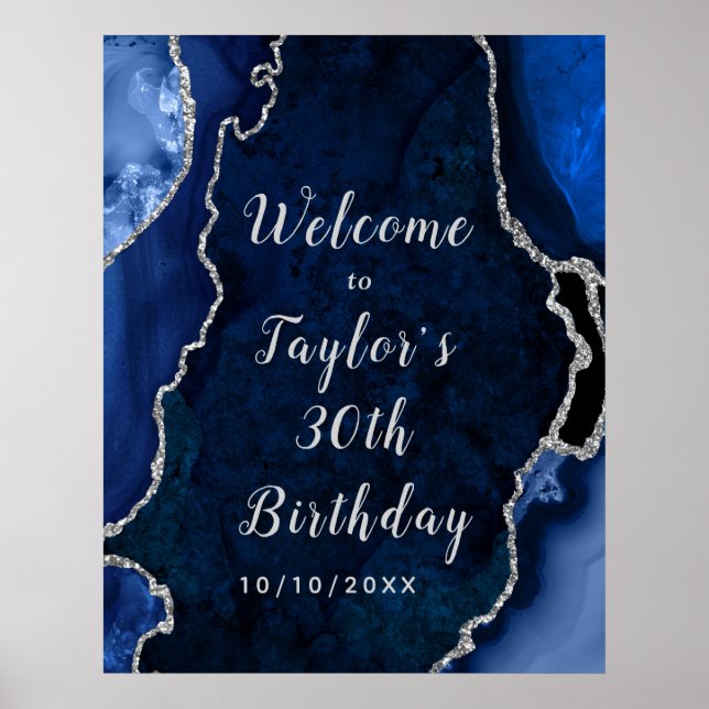 Navy and Silver Agate Birthday Welcome Poster (Front)